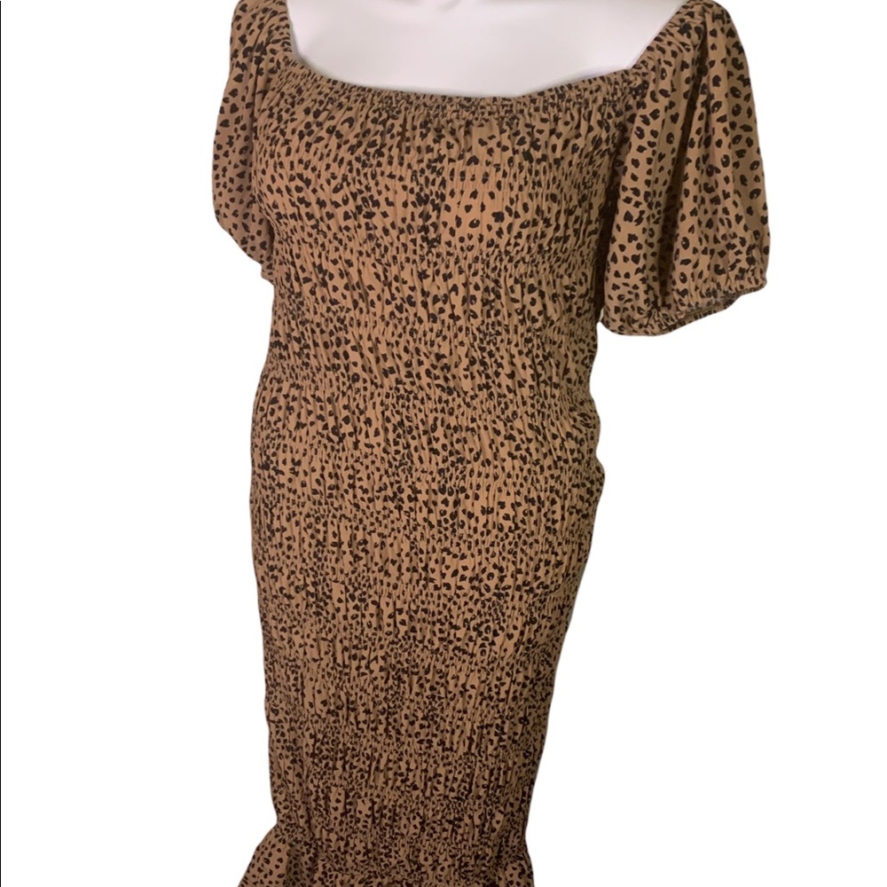 Rebdolls Puff Sleeve Leopard Print Black Brown Elastic Off Shoulder Dress - Picture 3 of 11
